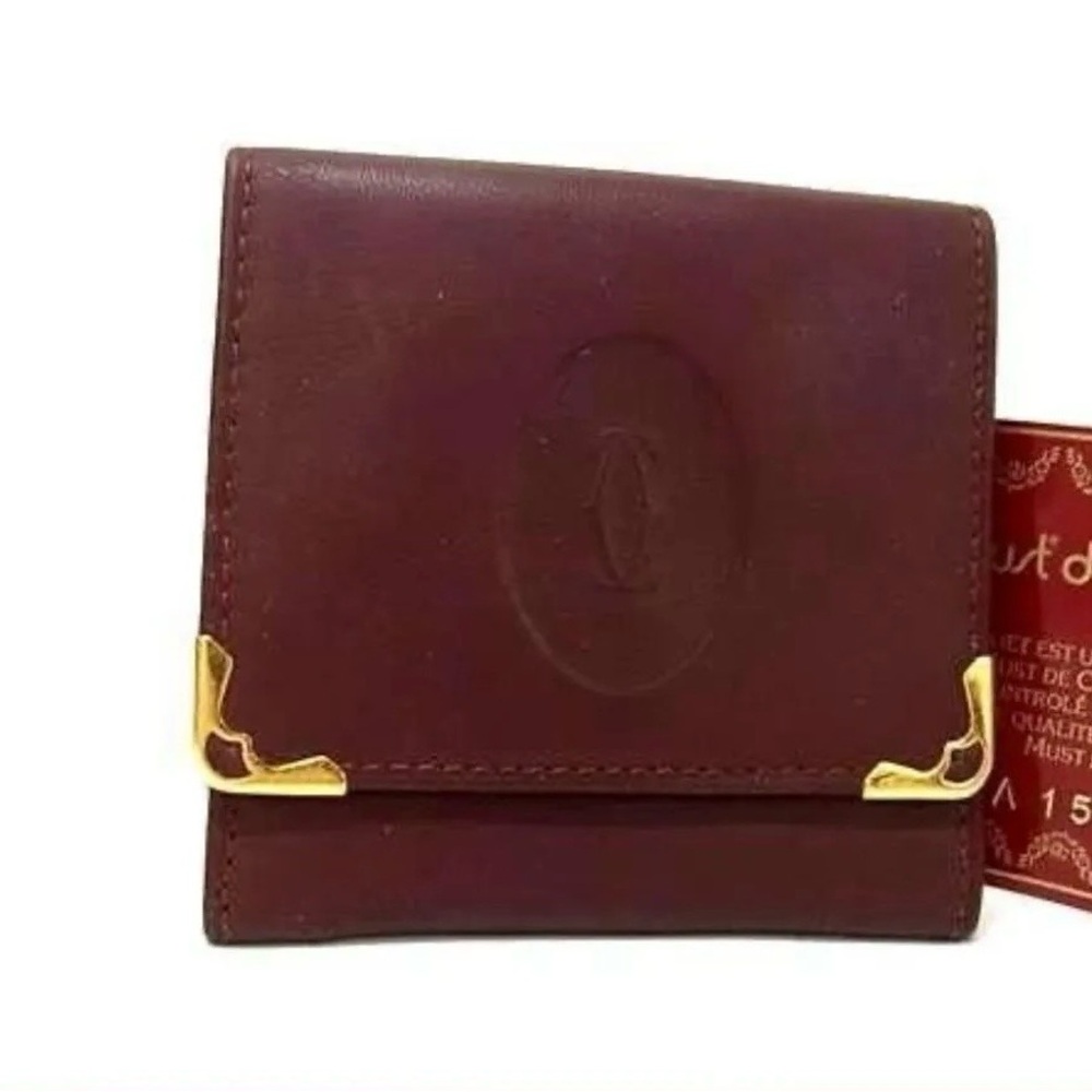Cartier Burgundy Leather Coin Pouch with Gold Corners